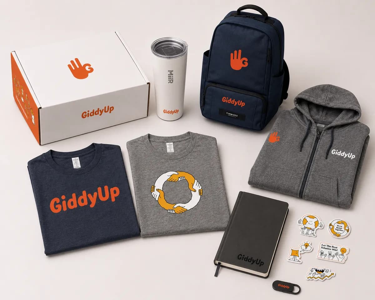 GiddyUp employee welcome kit, custom-printed mailer